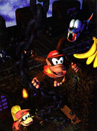 Dixie and Diddy Kong reaching for a banana in the castle, as a Klampon looks ahead.