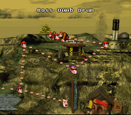 Boss Dumb Drum stage location in the world map of the Kremkroc Industries, Inc. as seen in the game Donkey Kong Country for SNES.