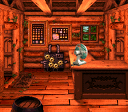 The interior of Boomer's Bomb Shelter as seen in the game Donkey Kong Country 3: Dixie Kong's Double Trouble! for SFC/SNES.
