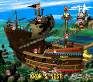 Krow's Nest boss stage location in the world map of Gangplank Galleon as seen in the game Donkey Kong Country 2: Diddy's Kong Quest for SNES.