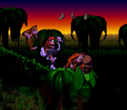 Diddy riding Expresso in the Orang-utan Gang level.
