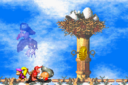 Krow laying defeated and becoming a ghost as seen in the game Donkey Kong Country 2 for GBA.