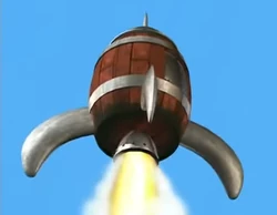 A large Rocket Barrel blasting off into the sky as seen in the first season of the  animated series.