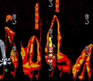 Dixie and Diddy Kong hanging on a Hook during the second phase of the boss battle against Kleever, as seen in the game Donkey Kong Country 2: Diddy's Kong Quest for SFC/SNES.
