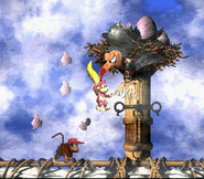 Krow after being hit by an egg from Dixie Kong as seen in the game Donkey Kong Country 2: Diddy's Kong Quest for SNES.