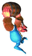 Artwork of Kiddy Kong holding up a wooden barrel from the game Donkey Kong Country 3.