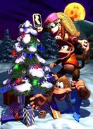 Los héroes colocan un logo de Rareware en un árbol de Navidad.