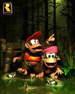 Artwork of Diddy and Dixie Kong near some Krocheads into a swamp area.