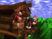 Artwork of Donkey and Diddy Kong next to their treehouse from the game Donkey Kong Country.