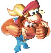 Artwork of Kiddy Kong carrying Dixie Kong, from the game Donkey Kong Country 3.