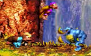 Krumple walking towards Dixie and Kiddy Kong as seen in the game Donkey Kong Country 3 for GBA.