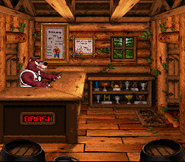 Interior of Brash's Cabin as seen in the game Donkey Kong Country 3: Dixie Kong's Double Trouble! for SFC/SNES.