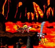 Dixie and Diddy Kong at the beginning of the battle against Kleever, as seen in the game Donkey Kong Country 2: Diddy's Kong Quest for SNES.