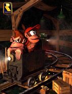 Artwork of Donkey and Diddy Kong riding a Mine Cart and being pursued by a Krash, from the game Donkey Kong Country.