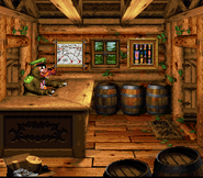 Interior of Bazooka's Barracks as seen in the game Donkey Kong Country 3: Dixie Kong's Double Trouble! for SFC/SNES.