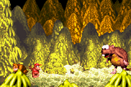 The beginning of the boss battle against Very Gnawty, as seen in the game Donkey Kong Country for GBA.