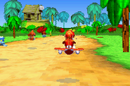 Diddy Kong racing in an area called Steamy Swoop.