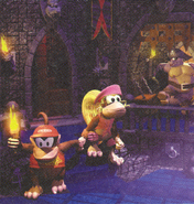 Higher resolution cropped artwork of Diddy and Dixie Kong in the castle as a Kannon watches.