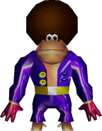 Chunky Kong's rendered model wearing his disco outfit seen briefly during the beginning of the DK Rap song in the game Donkey Kong 64 for Nintendo 64.