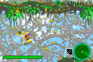 Dixie Kong flying on the Gyrocopter inside a bramble area and moving through star rings during the mission Aerial Loop, as seen in the game Donkey Kong Country 2 for GBA.