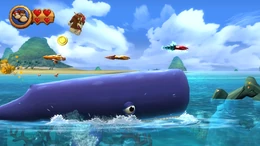 Una de las múltiples ballenas que aparecen en el nivel opcional, Cetáceos Cerúleos, en Donkey Kong Country Returns.