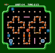 Bubbles moving inside a stage, alongside some Unira, and after uncovering some golden Ingots, as seen in the game Clu Clu Land for NES.