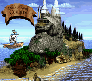 The overworld map of the Donkey Kong Island depicting the Gangplank Galleon, as seen in the game Donkey Kong Country for SFC/SNES.