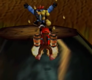 Diddy using his Rocketbarrels to shoot his Kasplat with peanuts in Angry Aztec.