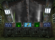 The interior of the cockpit of the King Kruiser II from the game Donkey Kong 64 for Nintendo 64.