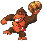 Early Donkey Kong getting ready to throw a wooden barrel.