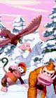 Artwork of Donkey and Diddy Kong being pursued by a Necky at a snow location, from the game Donkey Kong Country.