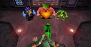The leadership of the Kremling Krew as seen during introduction cutscene of the game Donkey Kong 64 for Nintendo 64.