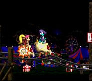 Dixie and Diddy Kong colliding against the Skull Cart of a light blue Klank and earning a single banana, as seen in the game Donkey Kong Country 2: Diddy's Kong Quest for SNES.