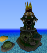 Frontal view of K. Rool's Mobile Island Fortress, as seen in the game Donkey Kong 64 for Nintendo 64.