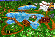 Artwork of the Game Boy Advance version of Lake Orangatanga. Note that the exterior of Swanky's Dash is different than what it appears in the actual game.