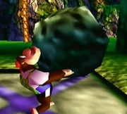 Chunky picking up a heavy boulder.