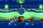 Kiddy and Dixie Kong near a few Bristles and right below the passage leading to the enemy Koin of the stage, as seen in the game Donkey Kong Country 3 for GBA.