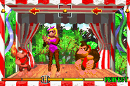 Donkey and Diddy Kong participating in the rhythm minigame, alongside Candy Kong, as seen in the game Donkey Kong Country for GBA.