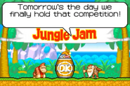 Cranky Kong explaining to Donkey Kong about the Jungle Jam competition, as seen during the opening cutscene of the Adventure mode of the game DK: King of Swing for GBA.