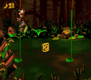 Diddy and Dixie Kong climbing on a cattail[1] next to the "O" of the K-O-N-G Letters, as seen in the game Donkey Kong Country 2: Diddy's Kong Quest for SNES.