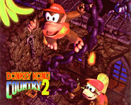 Artwork of Diddy and Dixie Kong in the castle, reaching for a banana bunch.