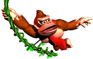 Artwork of Donkey Kong swinging on a vine, from the game Donkey Kong Country.