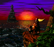 Crocodile Isle just before sinking in sea, as seen during the special ending cutscene of the game Donkey Kong Country 2: Diddy's Kong Quest for SFC/SNES.