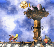 Krow laying defeated as seen in the game Donkey Kong Country 2: Diddy's Kong Quest for SNES.