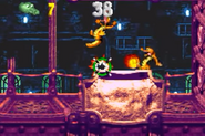 A Re-Koil after being defeated by a fireball shot by the player inside the second Bonus Room of the stage Krack Shot Kroc, as seen in the game Donkey Kong Country 3 for GBA.