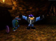 Krusha standing beside a Kasplat as seen during the multiplayer mode of the game Donkey Kong 64 for Nintendo 64.