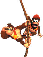 Artwork of Donkey and Diddy Kong climbling on a vertical rope from the game Donkey Kong Country.