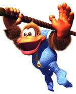 Artwork of Kiddy Kong climbing on a horizontal rope from the game Donkey Kong Country 3.