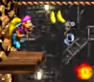 Dixie and Kiddy Kong next to a Karbine in the background, as seen in the game Donkey Kong Country 3 for GBA.