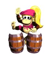 Artwork of Dixie Kong playing DK Bongos, from the game Donkey Konga 2 for GameCube.